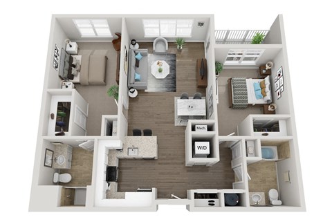 Floor plan for 2 beds, 2 baths, 1207 sqft
